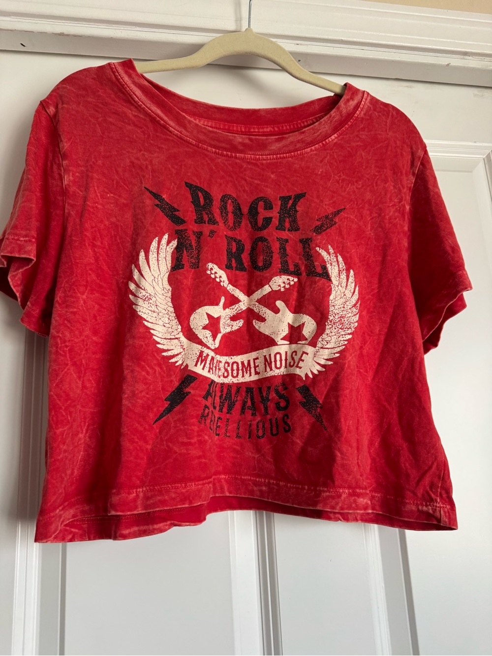 HRT & LUV Small Red Acid Washed Rock N Roll Cotton Soft Crop Graphic T Shirt Top